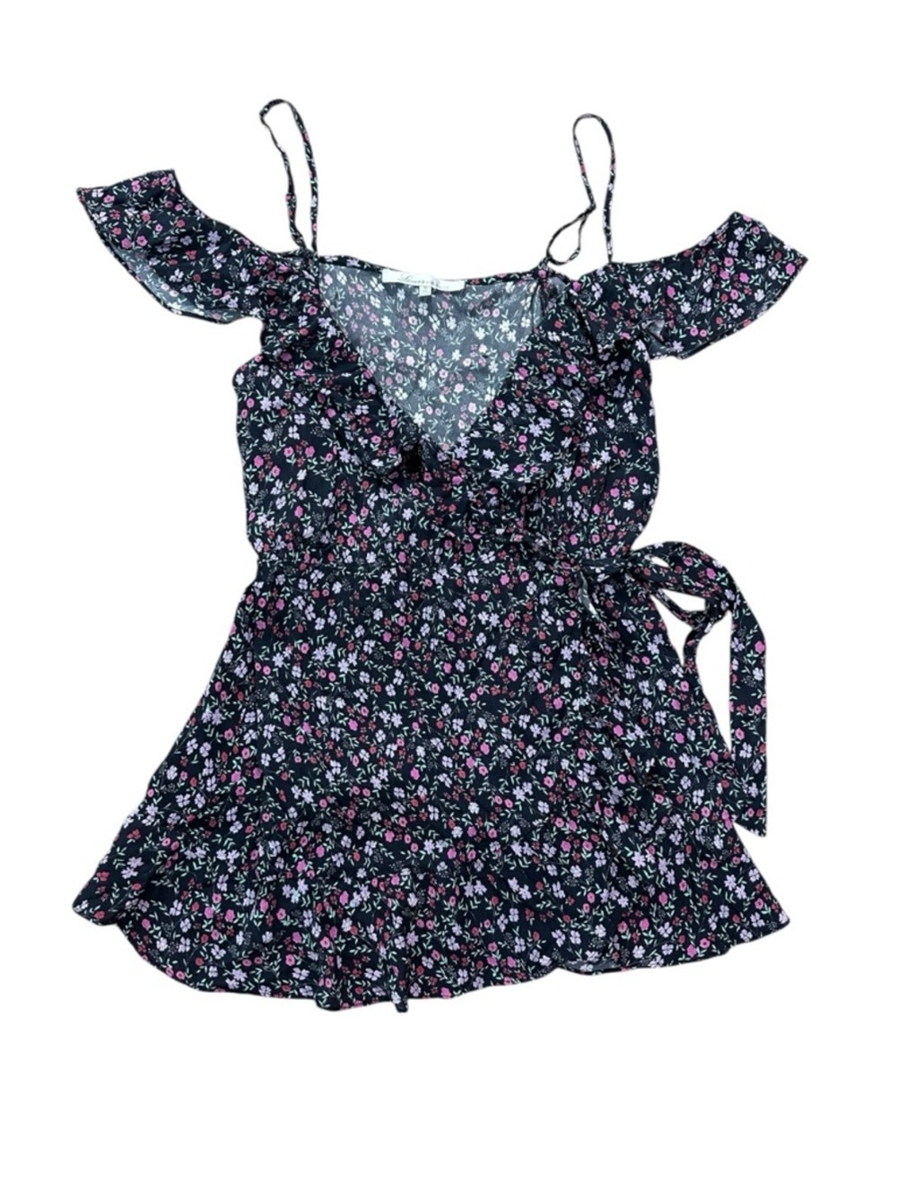 Lovers + Friends Black and Pink Floral Wrap Mini Dress